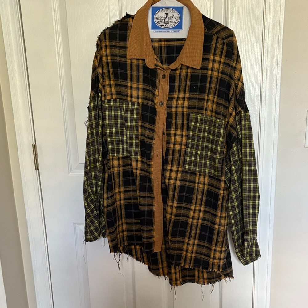 POL Black and Brown Plaid Women's Top
